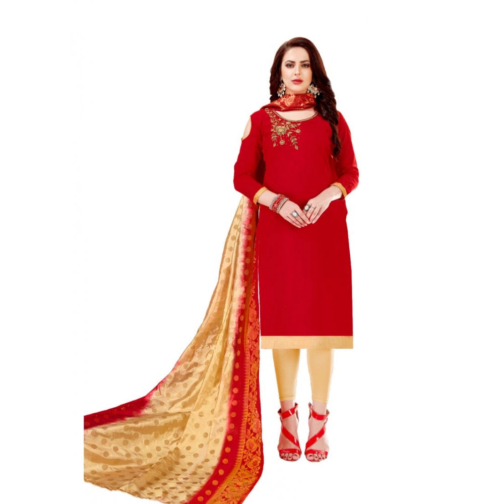 Indoraa Women's Slub Cotton Unstitched Salwar-Suit Material With Dupatta (Red, 2-2.5mtrs)
