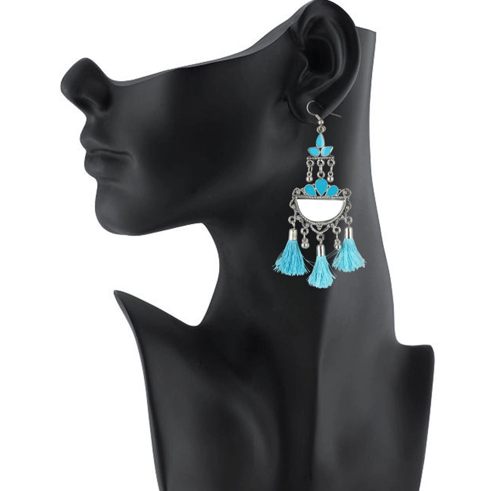 indoraa Women's Oxidized Silver plated Firoji Tassels Earrings-silver, Blue