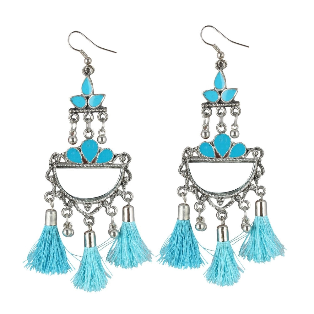 indoraa Women's Oxidized Silver plated Firoji Tassels Earrings-silver, Blue