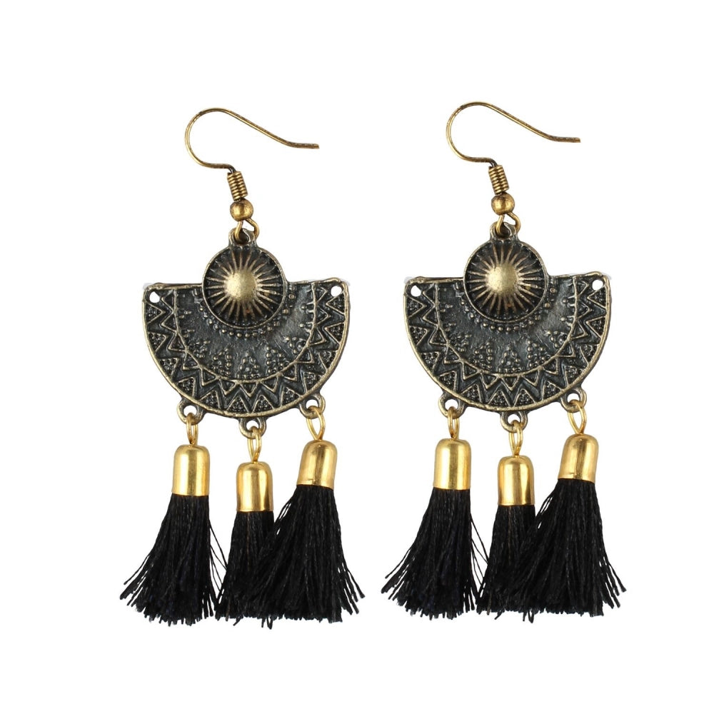 indoraa Women's Gold Plated Tassel Fashion Earrings-Black