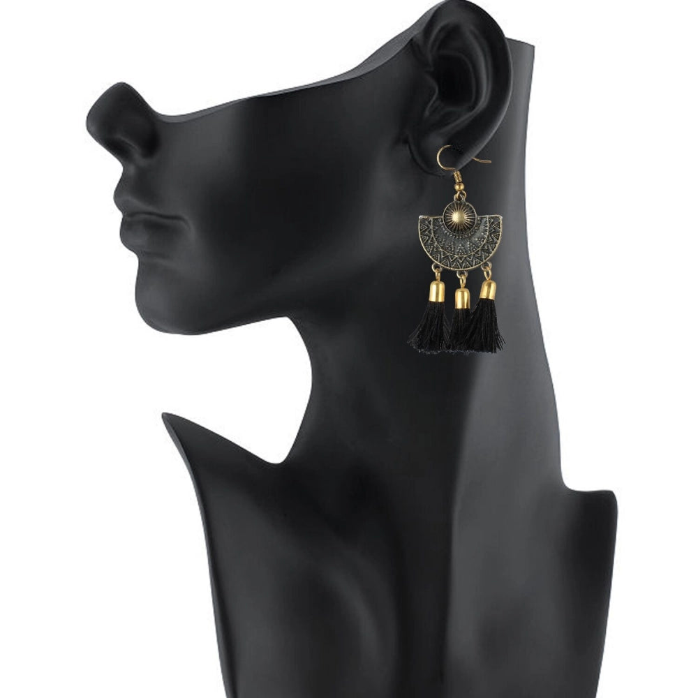 indoraa Women's Gold Plated Tassel Fashion Earrings-Black