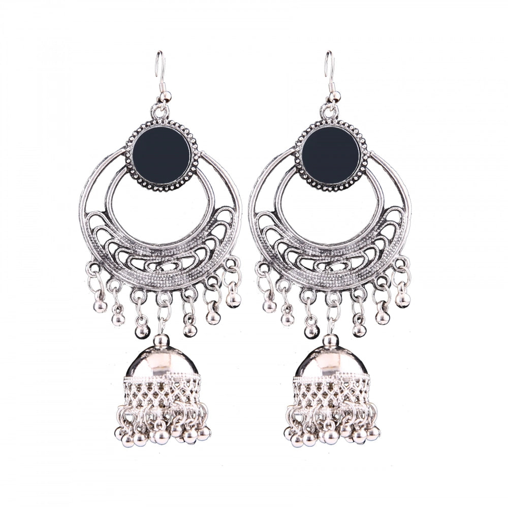 indoraa Women's Silver Oxidized Hook Dangler Hanging Afgani Tribal Fancy Earrings-Silver