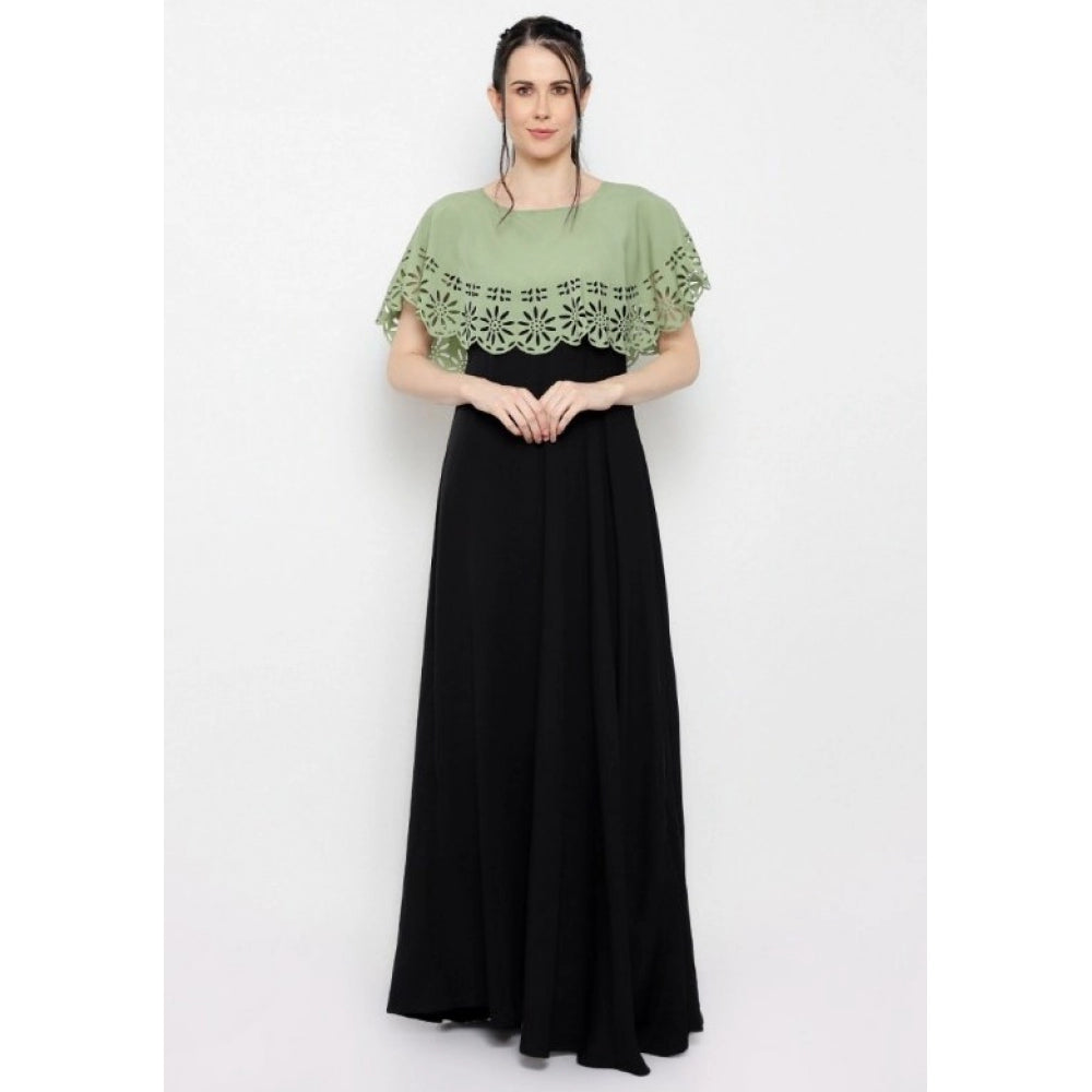 Indoraa Women's Crepe Solid Sleeveless Full Length Gown(Green Black)