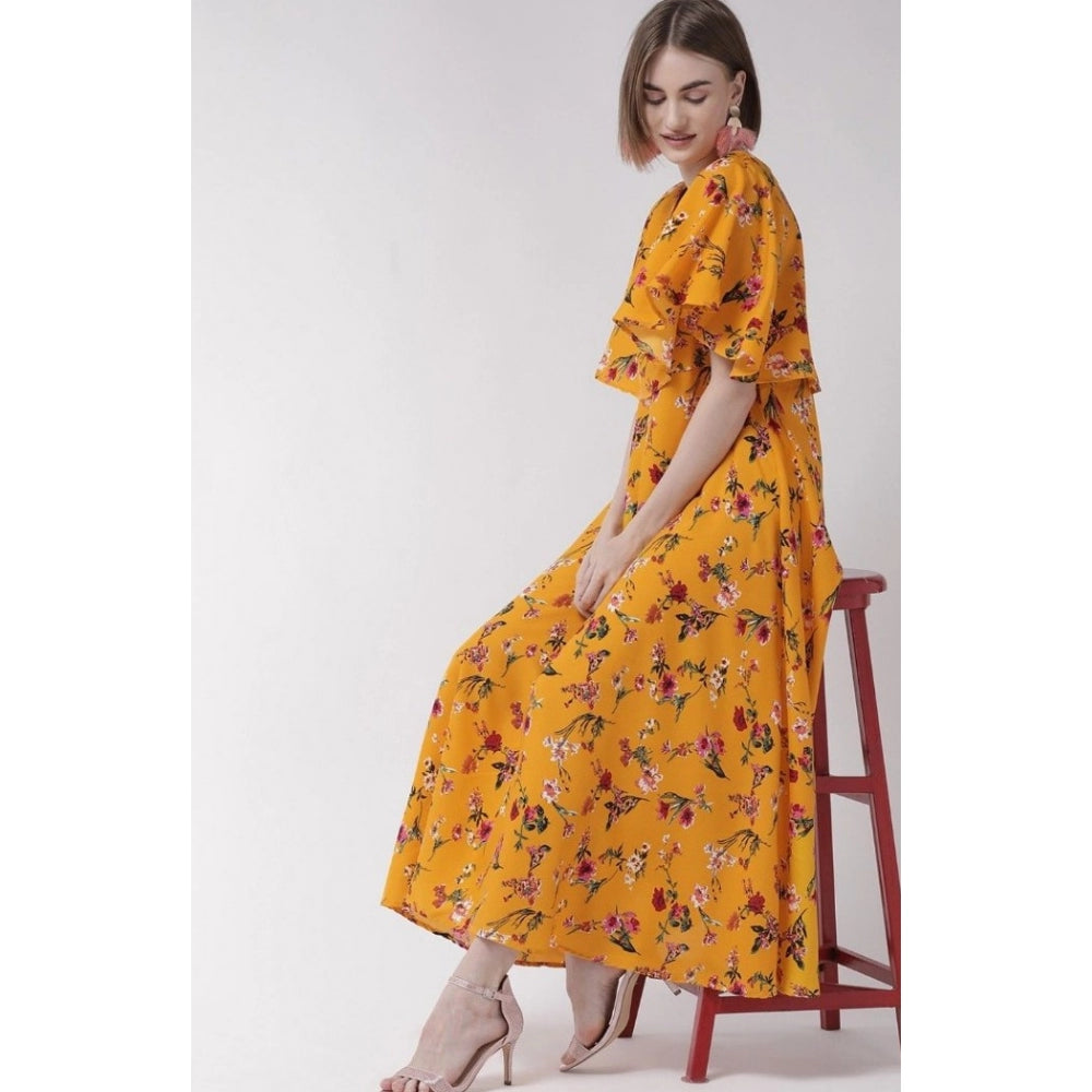 Indoraa Women's Crepe Floral Half Sleeves Full Length Gown(Yellow)