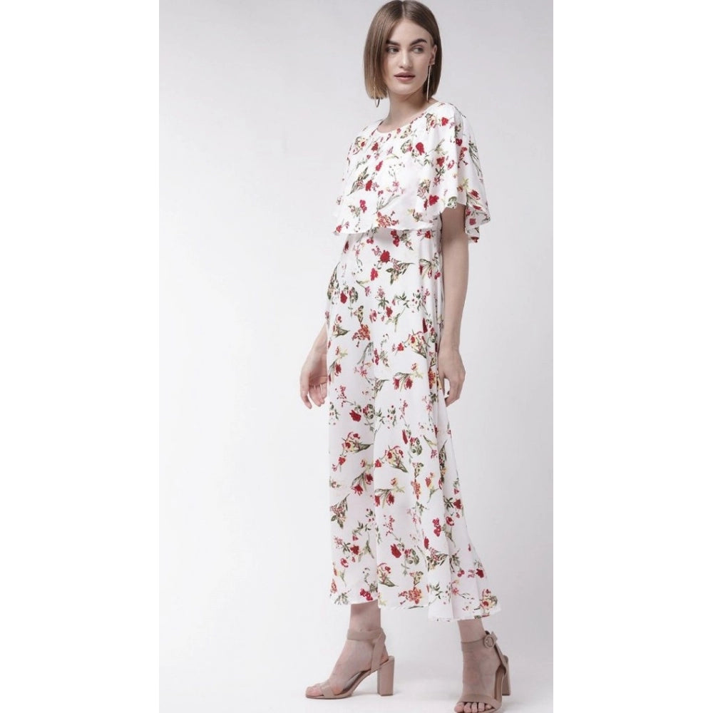 Indoraa Women's Crepe Floral Half Sleeves Full Length Gown(White)