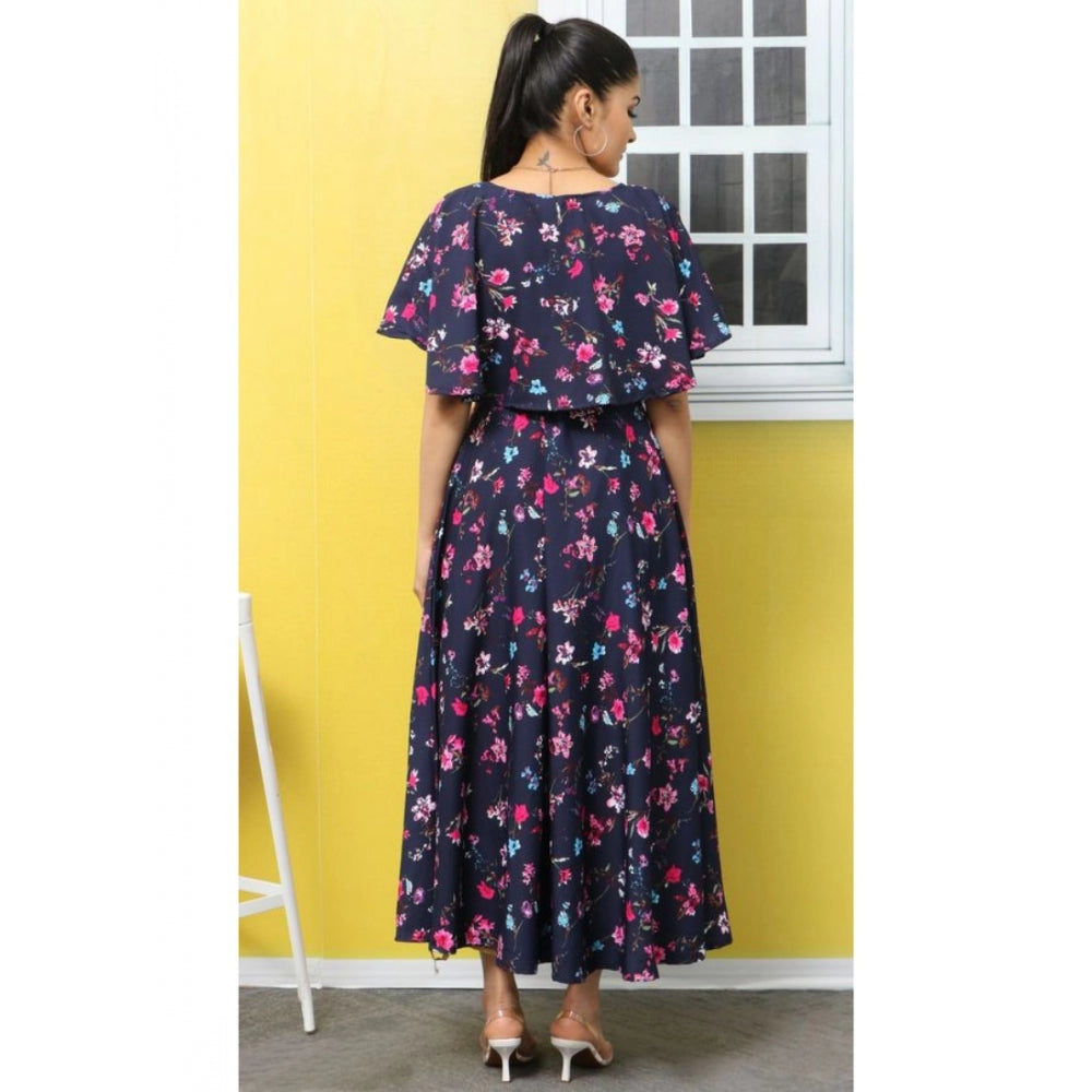 Indoraa Women's Crepe Floral Half Sleeves Full Length Gown(Dark Blue)