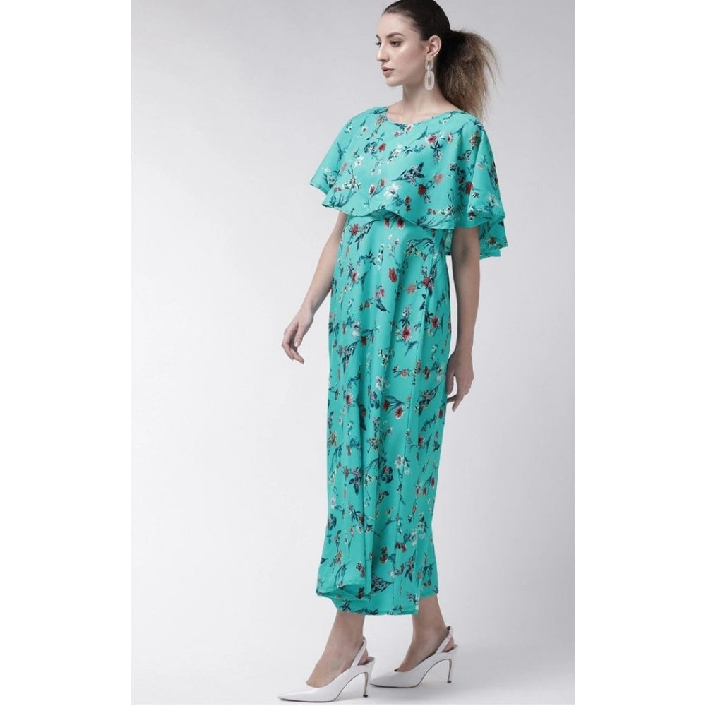 Indoraa Women's Crepe Floral Half Sleeves Full Length Gown(Turquoise)