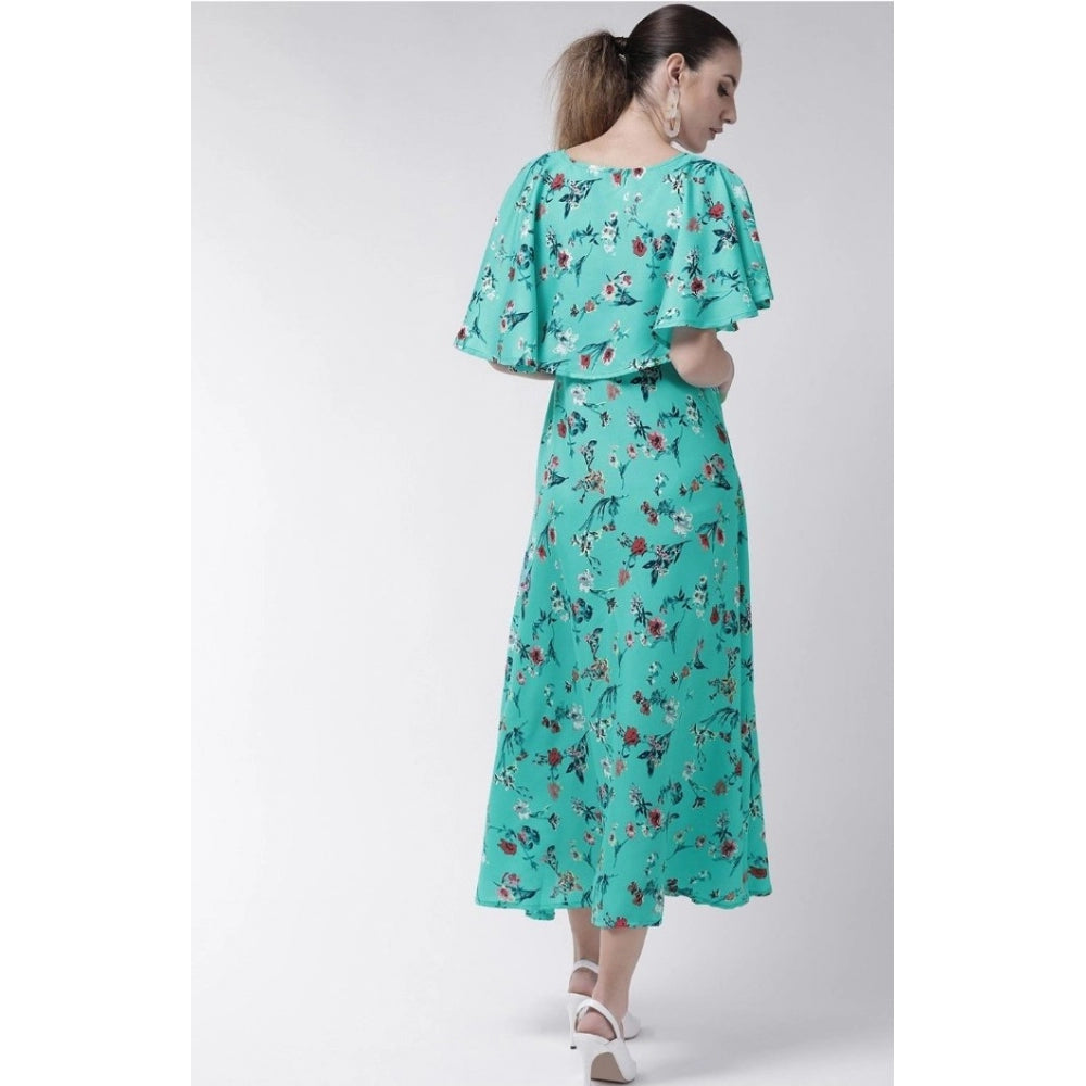 Indoraa Women's Crepe Floral Half Sleeves Full Length Gown(Turquoise)