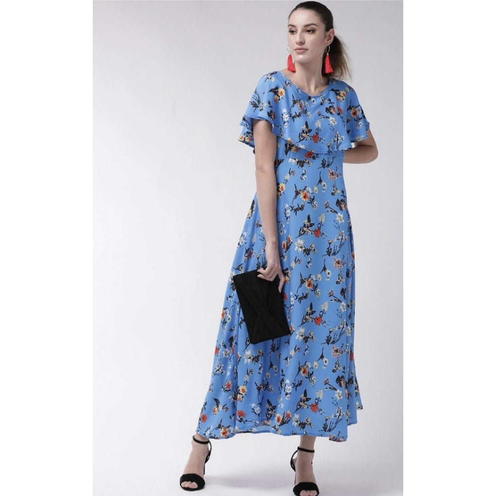 Indoraa Women's Crepe Floral Half Sleeves Full Length Gown(Blue)