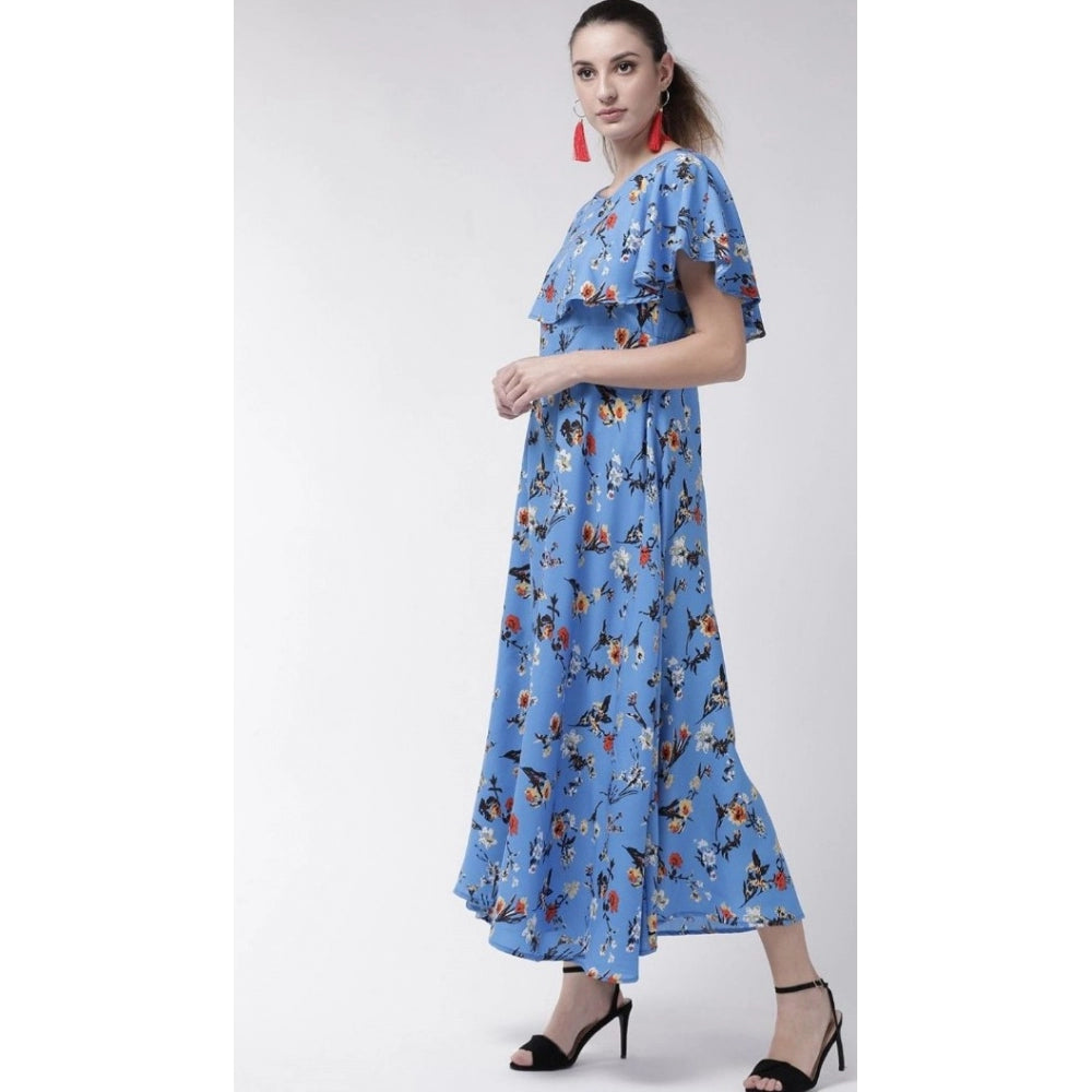 Indoraa Women's Crepe Floral Half Sleeves Full Length Gown(Blue)