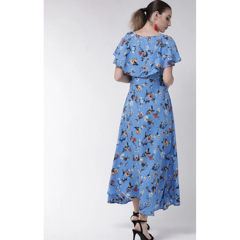 Indoraa Women's Crepe Floral Half Sleeves Full Length Gown(Blue)