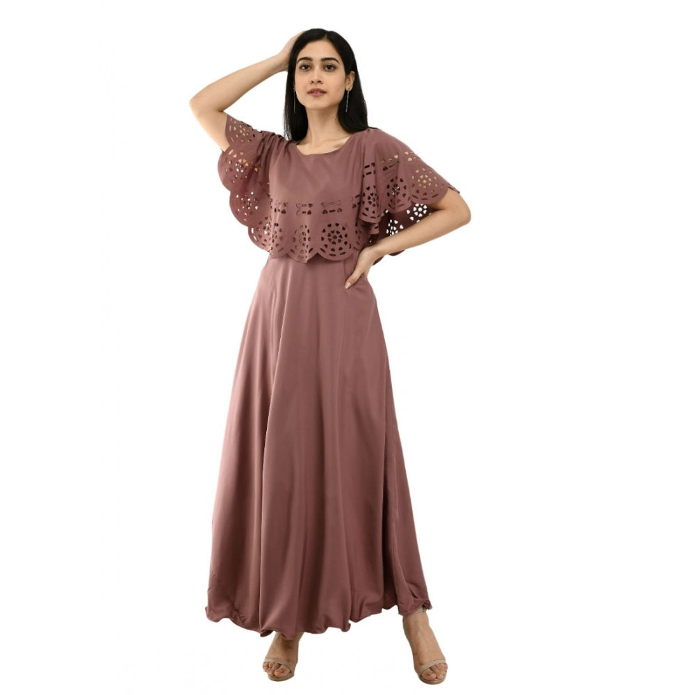 Indoraa Women's Crepe Solid Sleeveless Full Length Gown(Brown)
