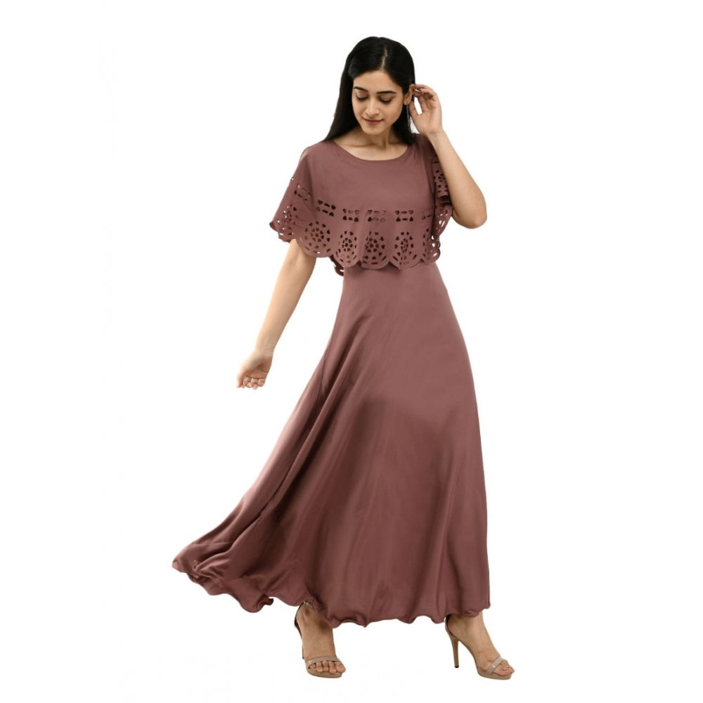 Indoraa Women's Crepe Solid Sleeveless Full Length Gown(Brown)