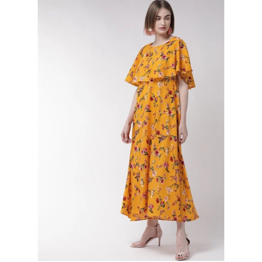 Indoraa Women's Crepe Floral Half Sleeves Full Length Gown(Yellow)