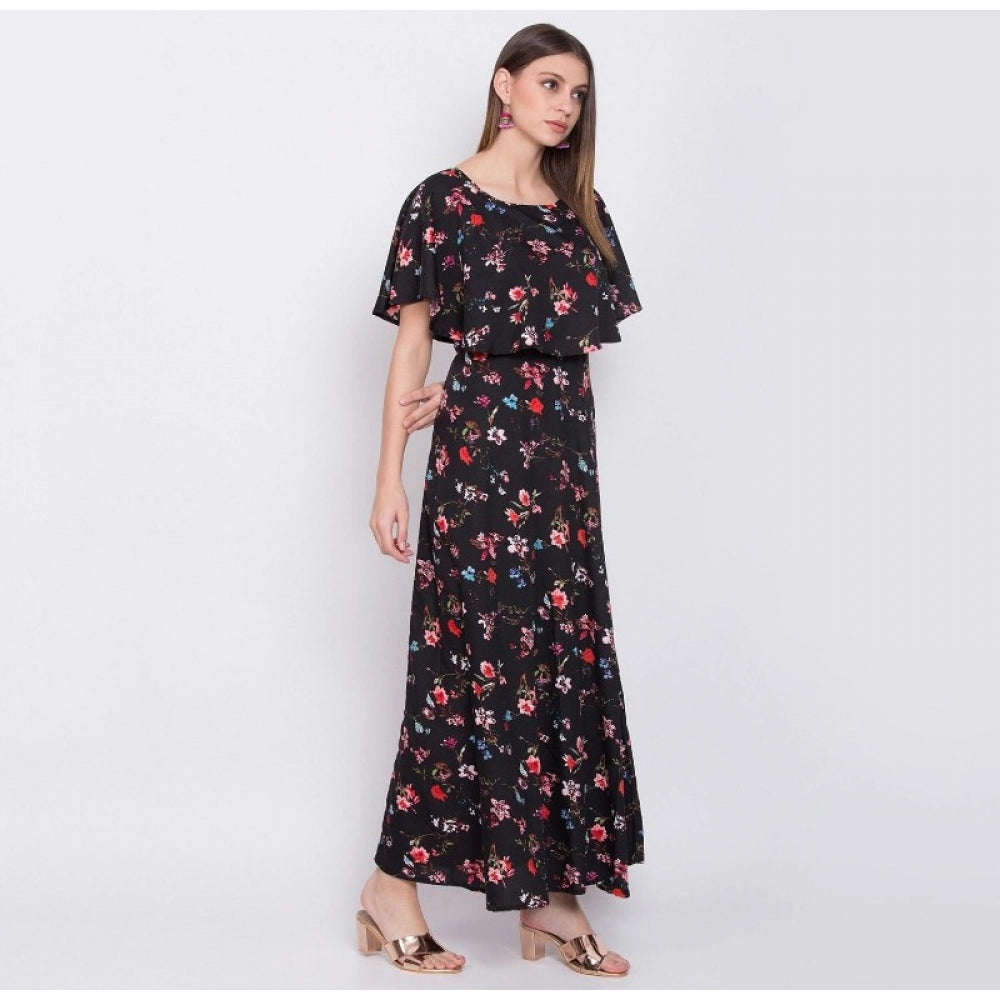 Indoraa Women's Crepe Floral Half Sleeves Full Length Gown(Black)
