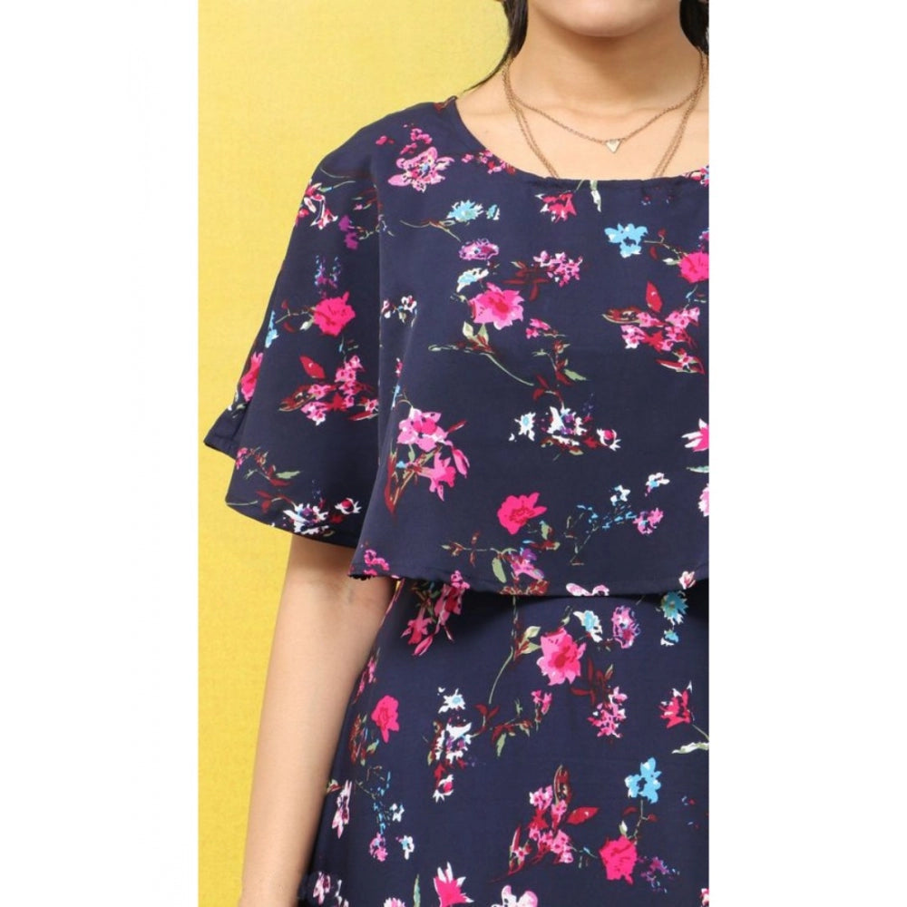 Indoraa Women's Crepe Floral Half Sleeves Full Length Gown(Dark Blue)