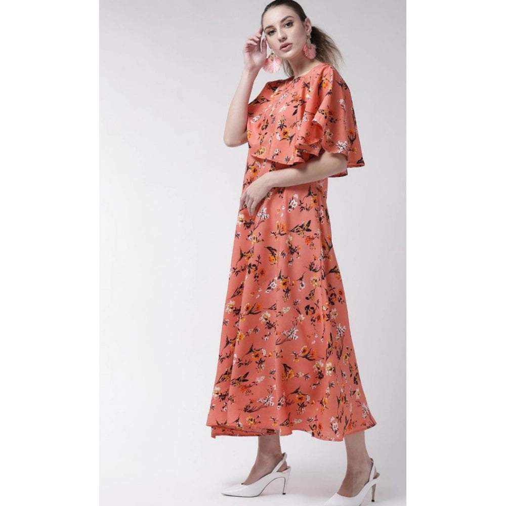 Indoraa Women's Crepe Floral Half Sleeves Full Length Gown(Orange)