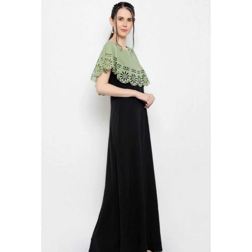 Indoraa Women's Crepe Solid Sleeveless Full Length Gown(Green Black)