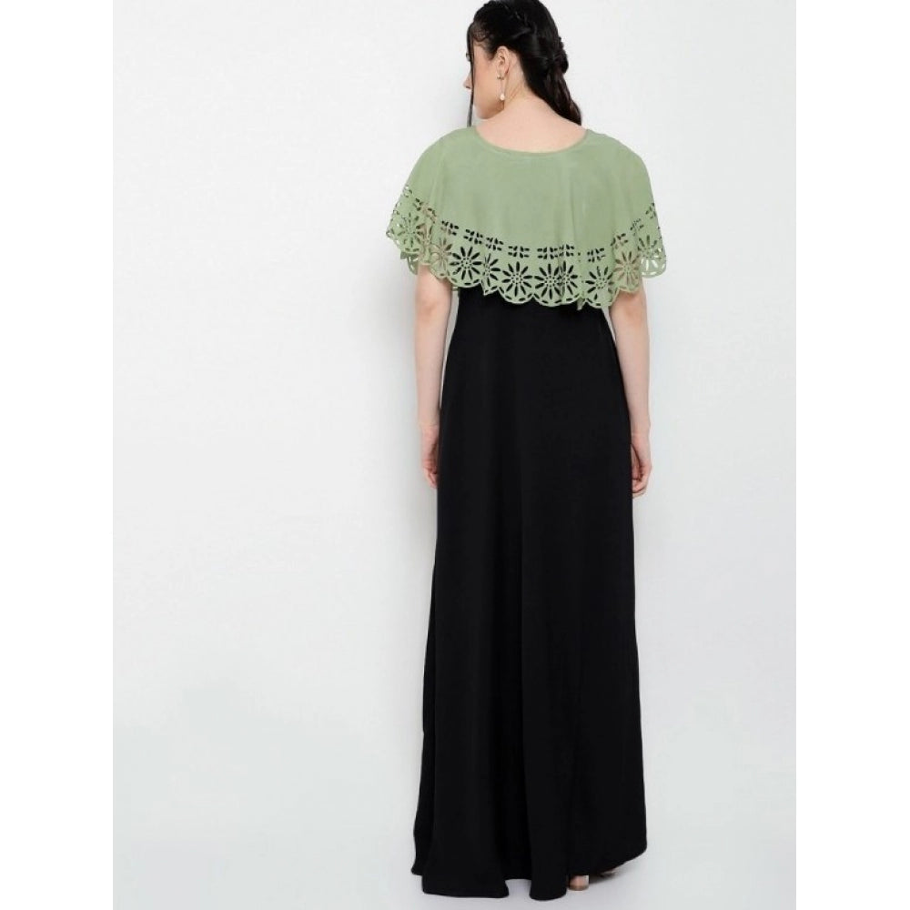Indoraa Women's Crepe Solid Sleeveless Full Length Gown(Green Black)