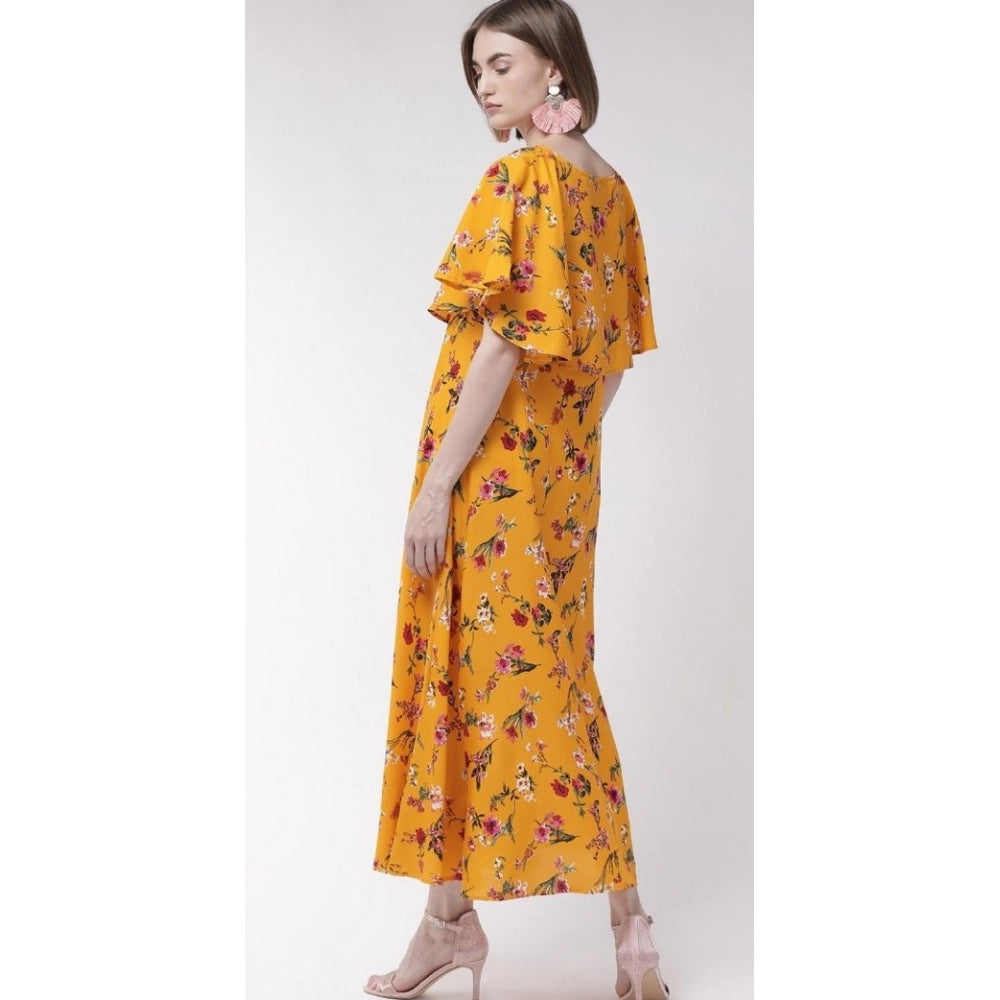 Indoraa Women's Crepe Floral Half Sleeves Full Length Gown(Yellow)