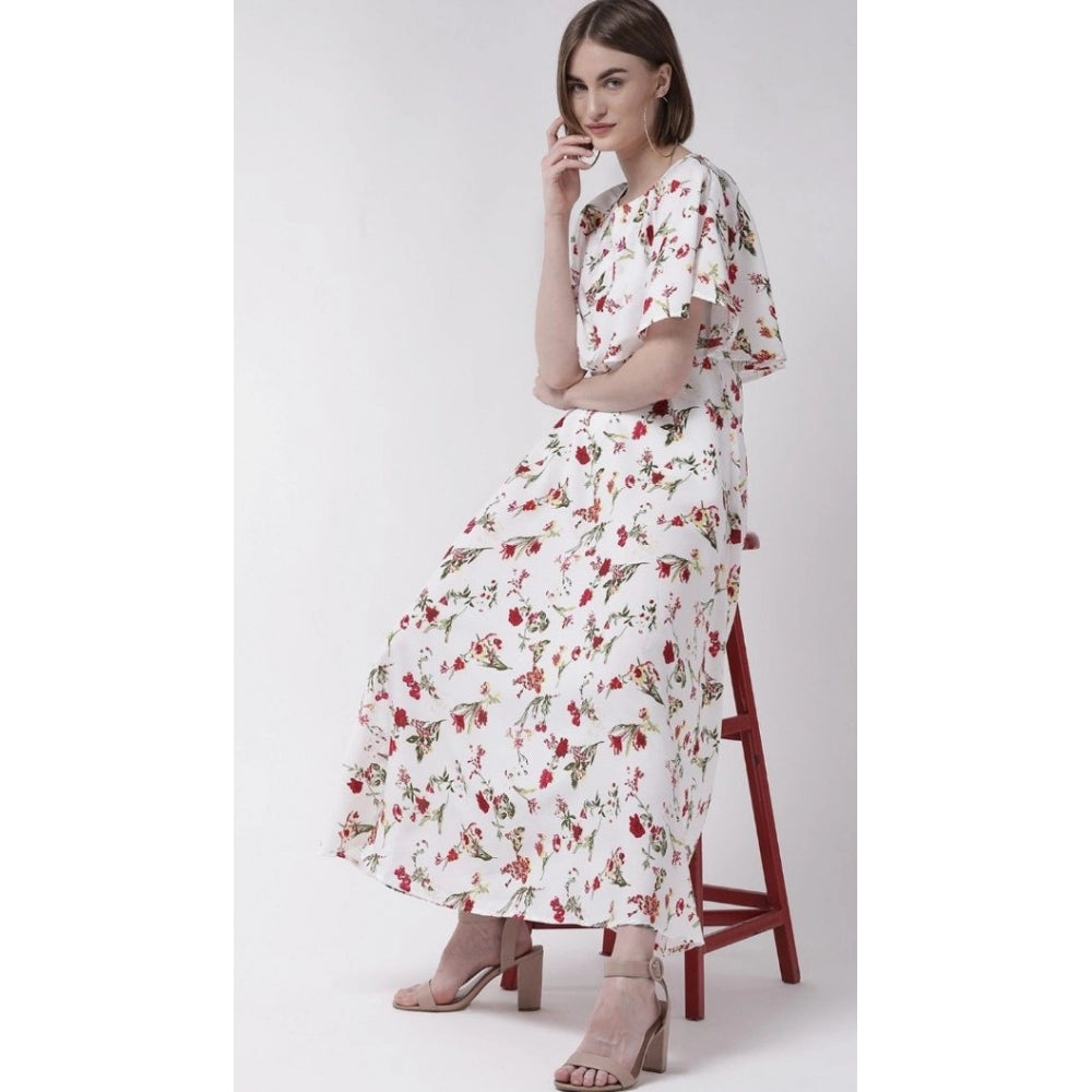 Indoraa Women's Crepe Floral Half Sleeves Full Length Gown(White)