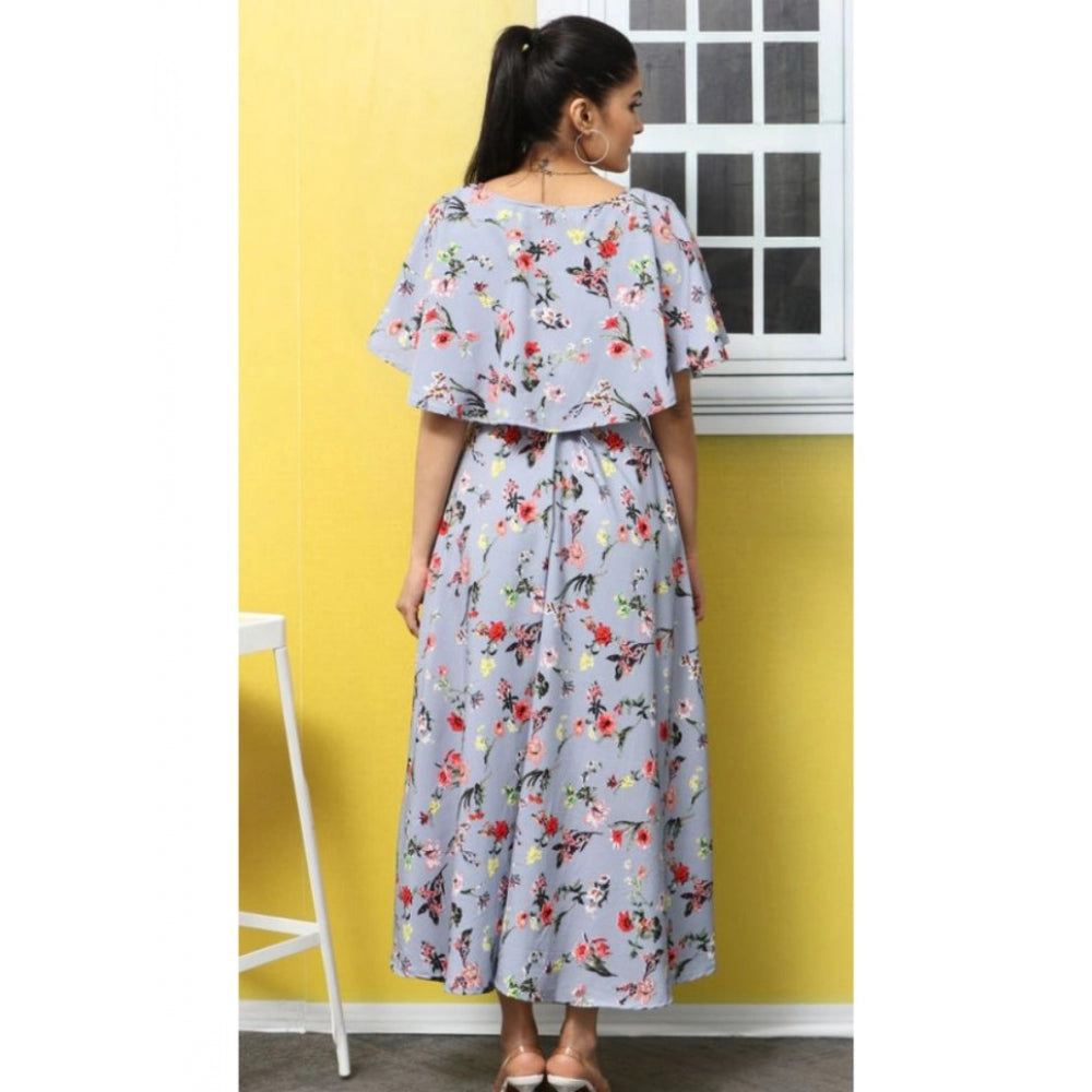 Indoraa Women's Crepe Floral Half Sleeves Full Length Gown(Light Grey)