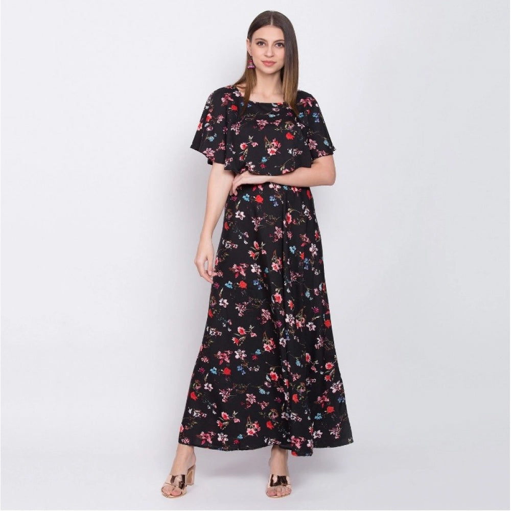 Indoraa Women's Crepe Floral Half Sleeves Full Length Gown(Black)