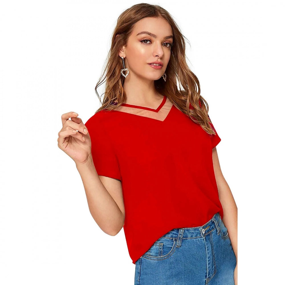 Indoraa Women's Polyester, Knitting Western Wear T-Shirt (Red)