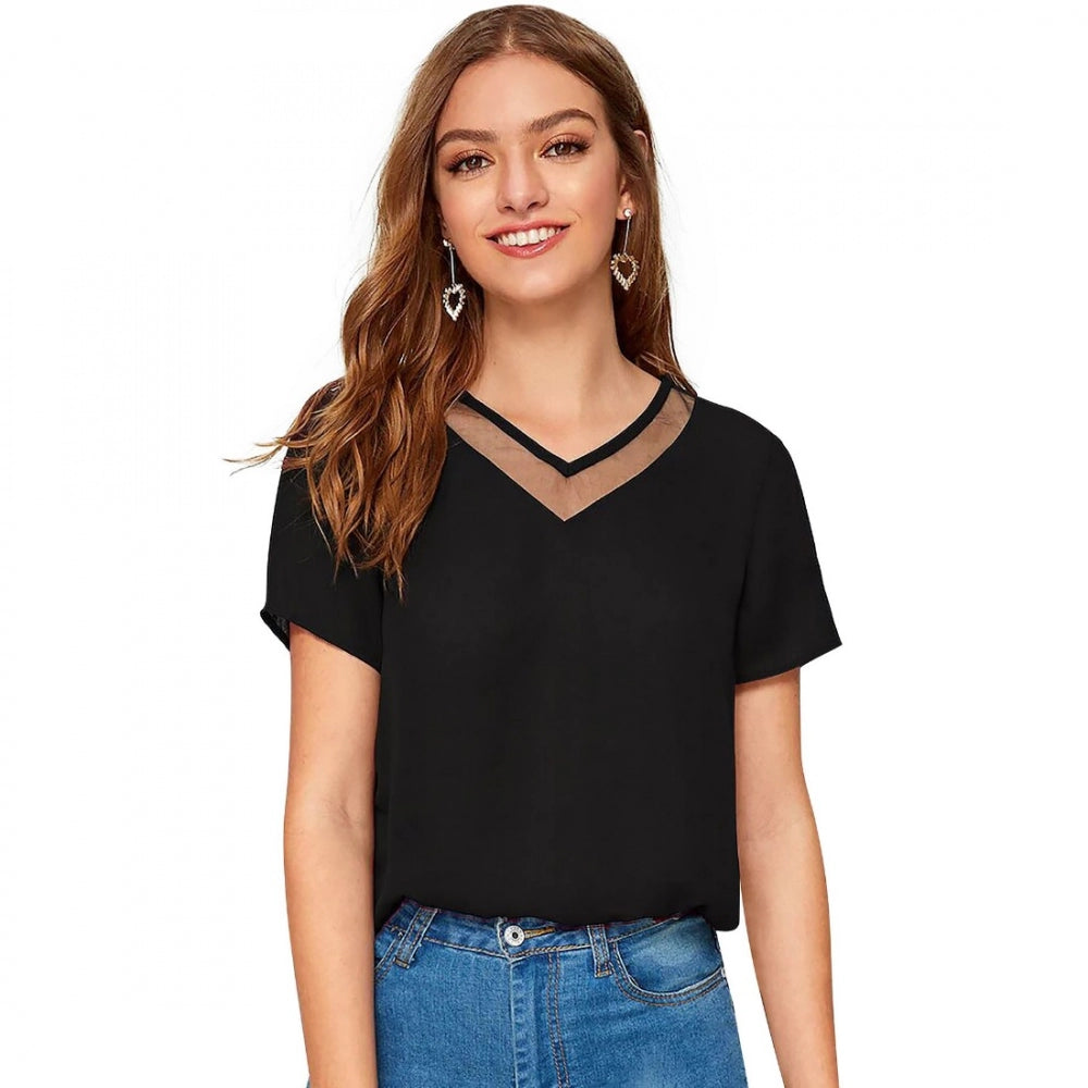 Indoraa Women's Polyester, Knitting Western Wear T-Shirt (Black)