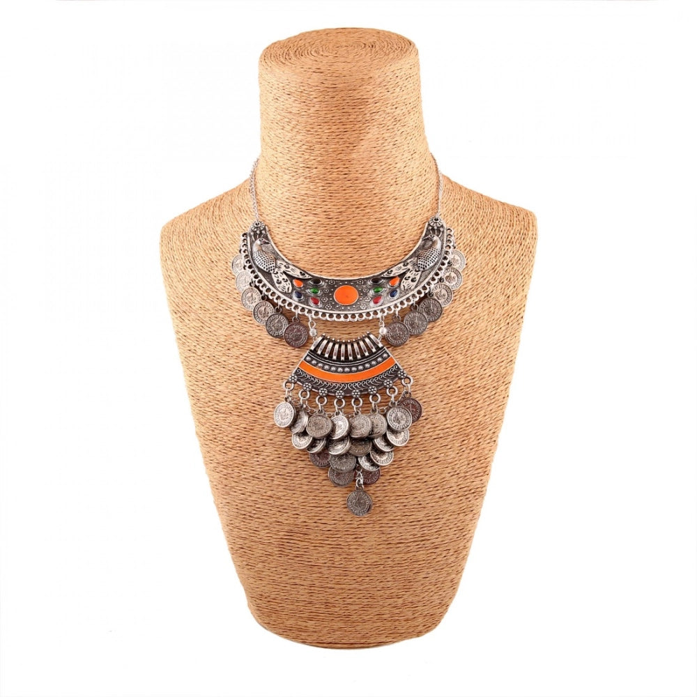 indoraa Designer Oxidised German Silver Tribal Necklace Pandeant Antique Necklace (Color: Silver)