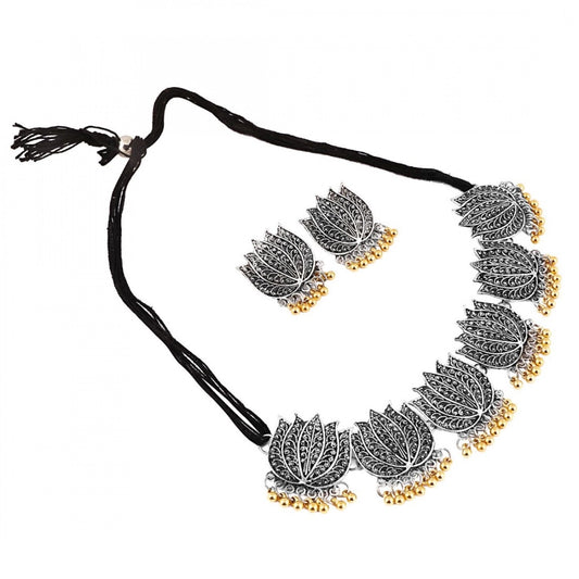 indoraa Antique Silver Oxidised Plated Tribal Afghani Necklace With Earrings Set For Women