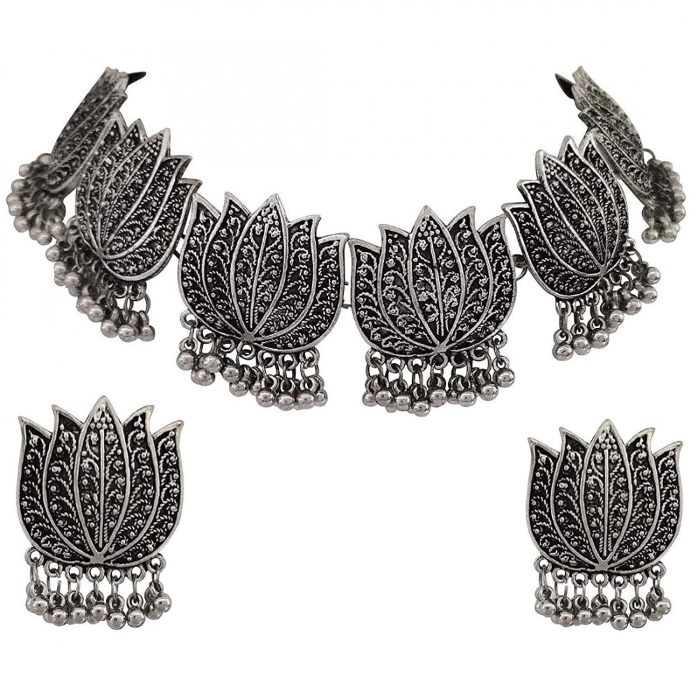 indoraa Antique Silver Oxidised Tribal Afghani Necklace With Earrings Set For Women