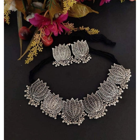 indoraa Antique Silver Oxidised Tribal Afghani Necklace With Earrings Set For Women