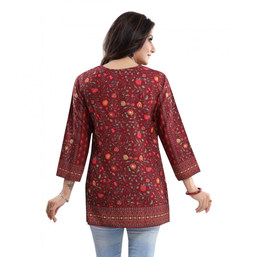 Indoraa Women's Quarter Sleeve Faux Crepe Printed Short Kurti Tunic Top (Color:Red)