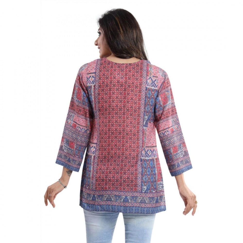 Indoraa Women's Quarter Sleeve Faux Crepe Printed Short Kurti Tunic Top (Color:Multicolor)