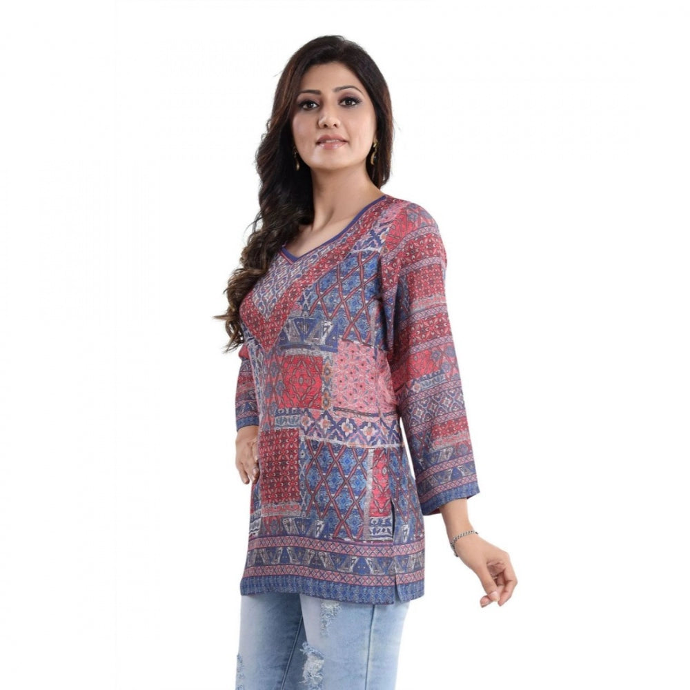 Indoraa Women's Quarter Sleeve Faux Crepe Printed Short Kurti Tunic Top (Color:Multicolor)
