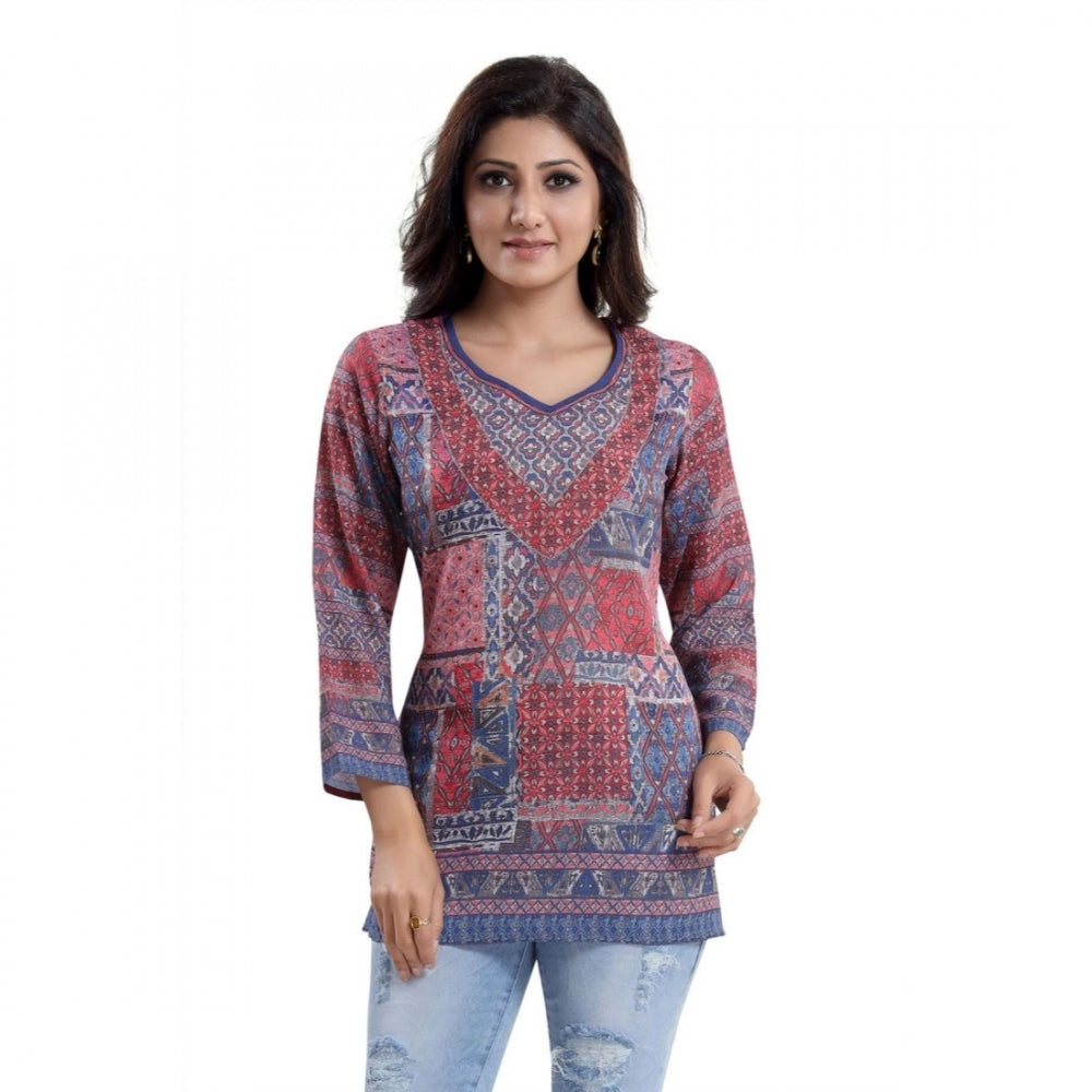 Indoraa Women's Quarter Sleeve Faux Crepe Printed Short Kurti Tunic Top (Color:Multicolor)