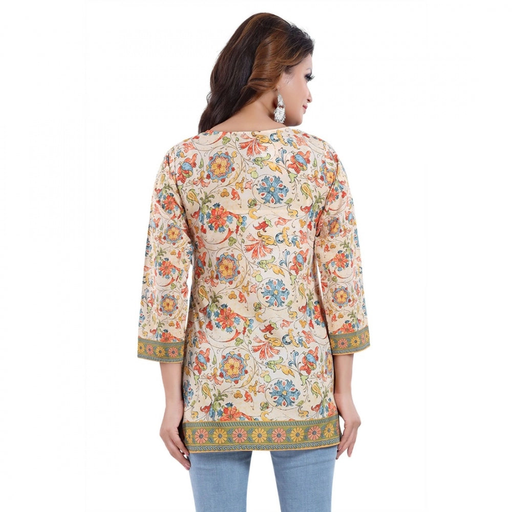 Indoraa Women's Quarter Sleeve Faux Crepe Printed Short Kurti Tunic Top (Color:Multicolor)