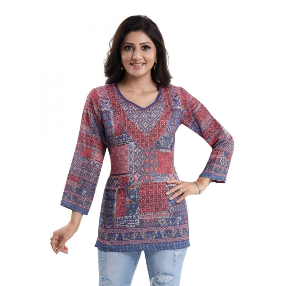 Indoraa Women's Quarter Sleeve Faux Crepe Printed Short Kurti Tunic Top (Color:Multicolor)