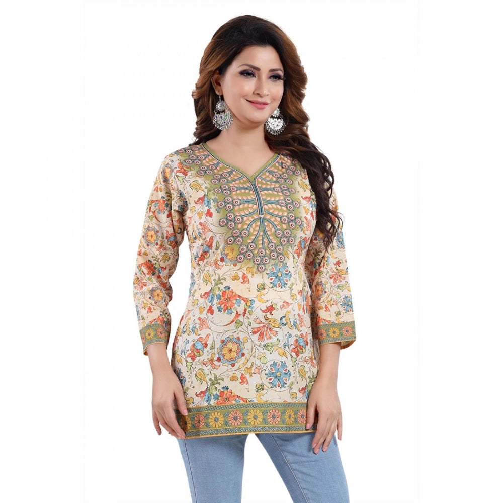 Indoraa Women's Quarter Sleeve Faux Crepe Printed Short Kurti Tunic Top (Color:Multicolor)