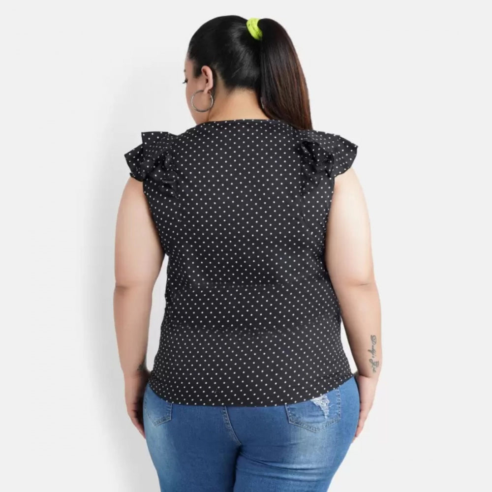 Indoraa Women's Casual Flutter Sleeve Polka Print Black Top (Color:Black, Material:Crepe)