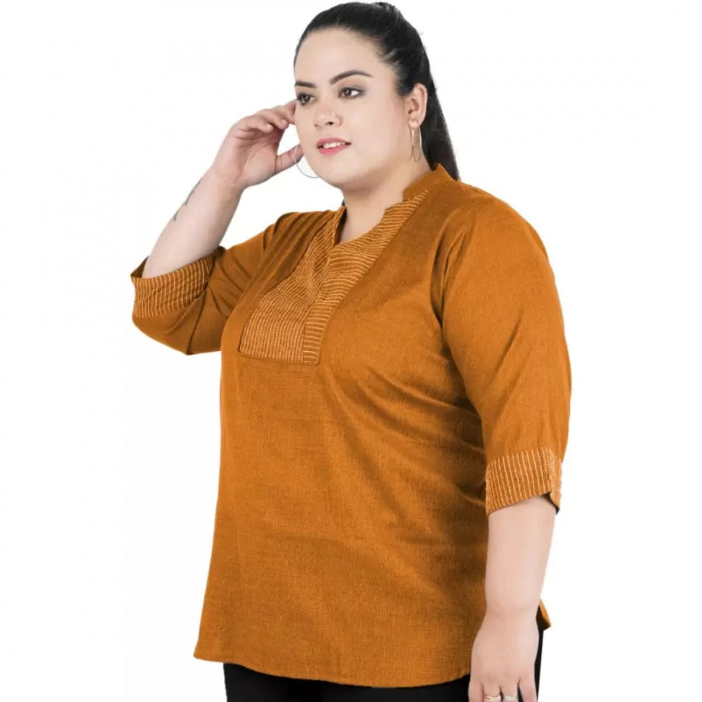 Indoraa Women's Casual Three Fourth Sleeve Embroidered Yellow Top (Color:Yellow, Material:Cotton Linen Blend)