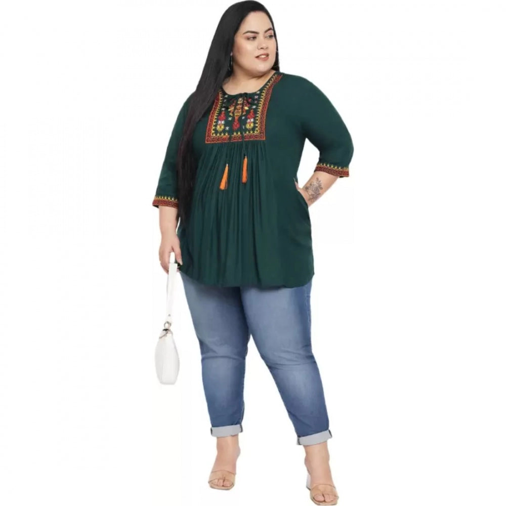 Indoraa Women's Casual Embroidered Dark Green Top (Color:Dark Green, Material:Rayon)