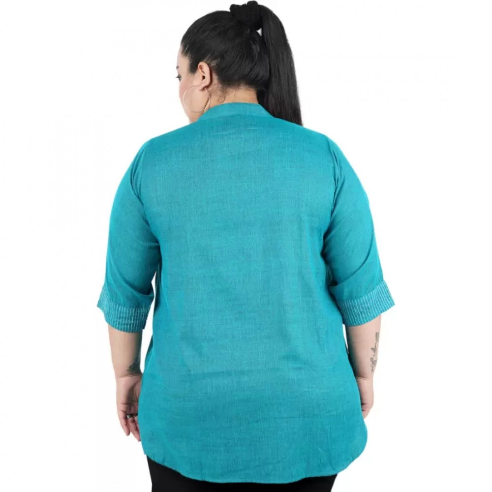 Indoraa Women's Casual Three Fourth Sleeve Embroidered Light Green Top (Color:Light Blue, Material:Cotton Linen Blend)