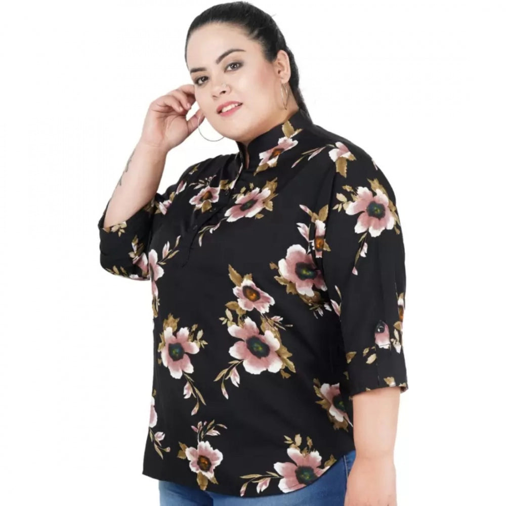 Indoraa Women's Casual Three Fourth Sleeve Printed Black Top (Color:Black, Material:Poly Crepe)