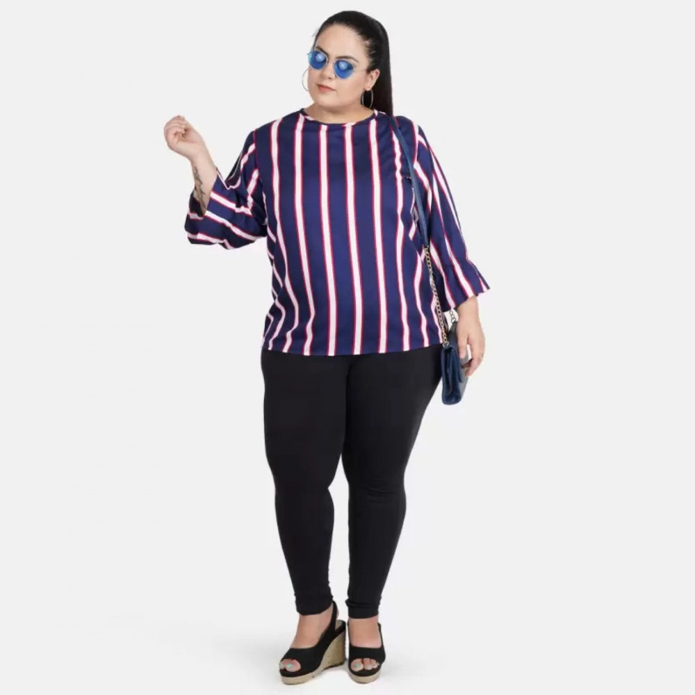Indoraa Women's Casual Bell Sleeve Striped Blue Top (Color:Blue, Material:Crepe)