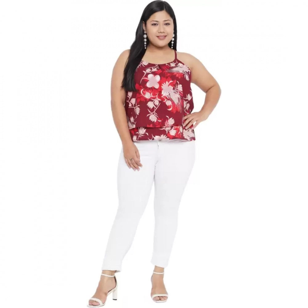 Indoraa Women's Casual Floral Print Red Top (Color:Red, Material:Polyester)