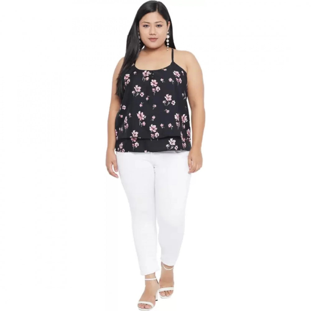 Indoraa Women's Casual Floral Print Black Top (Color:Black, Material:Polyester)