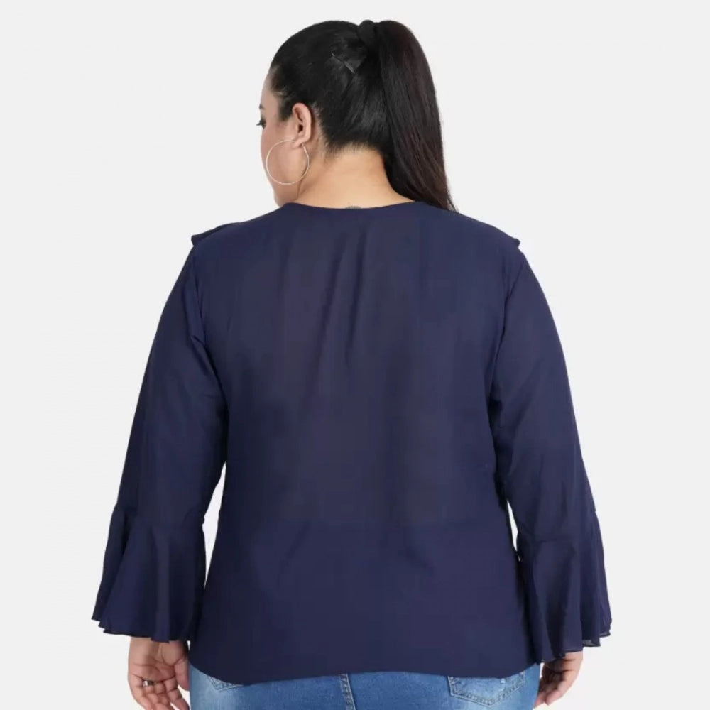Indoraa Women's Casual Bell Sleeve Solid Blue Top (Color:Blue, Material:Georgette)