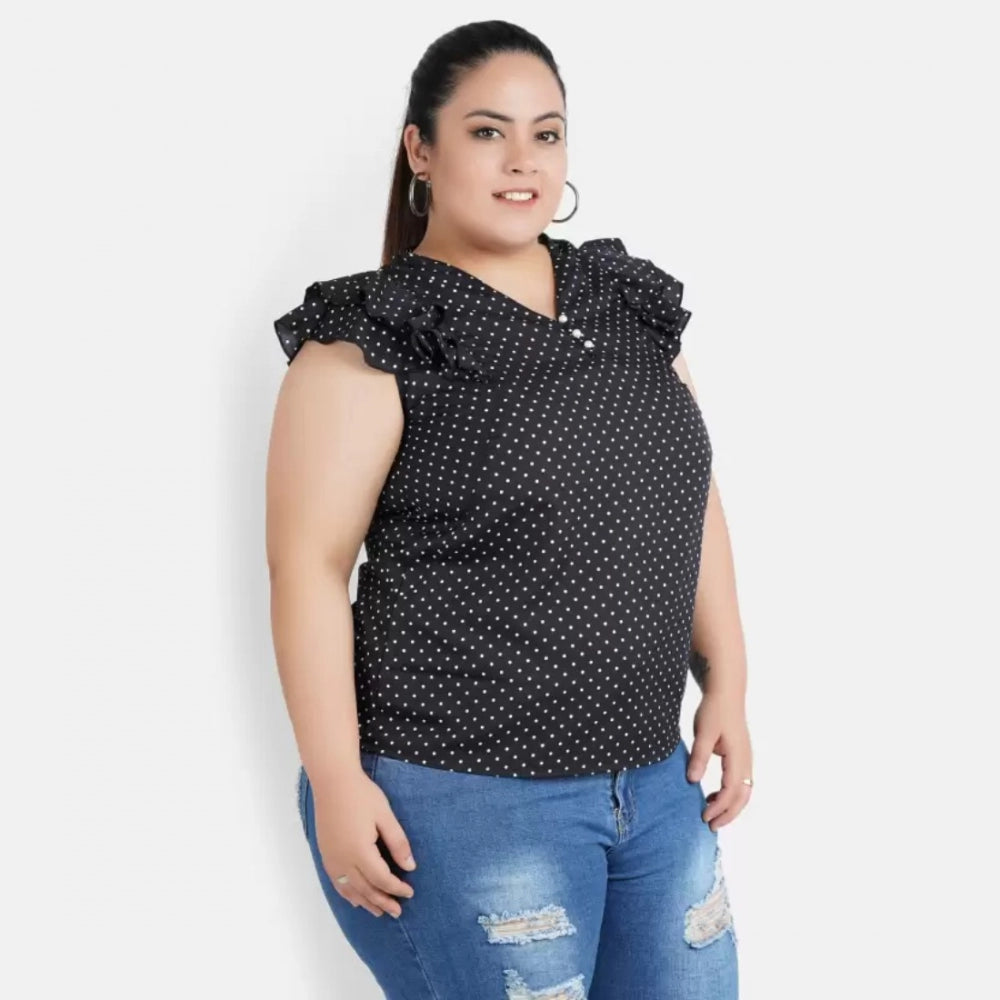Indoraa Women's Casual Flutter Sleeve Polka Print Black Top (Color:Black, Material:Crepe)